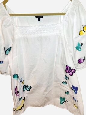 Talbots White Square-Neck Blouse with Multicolor Butterfly Embroidery